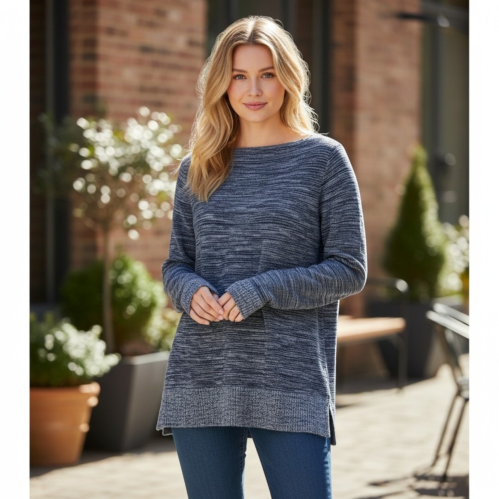 Ann Taylor Factory Sweater Women Small Petite Blue Space Dye Boat Neck Knit Top